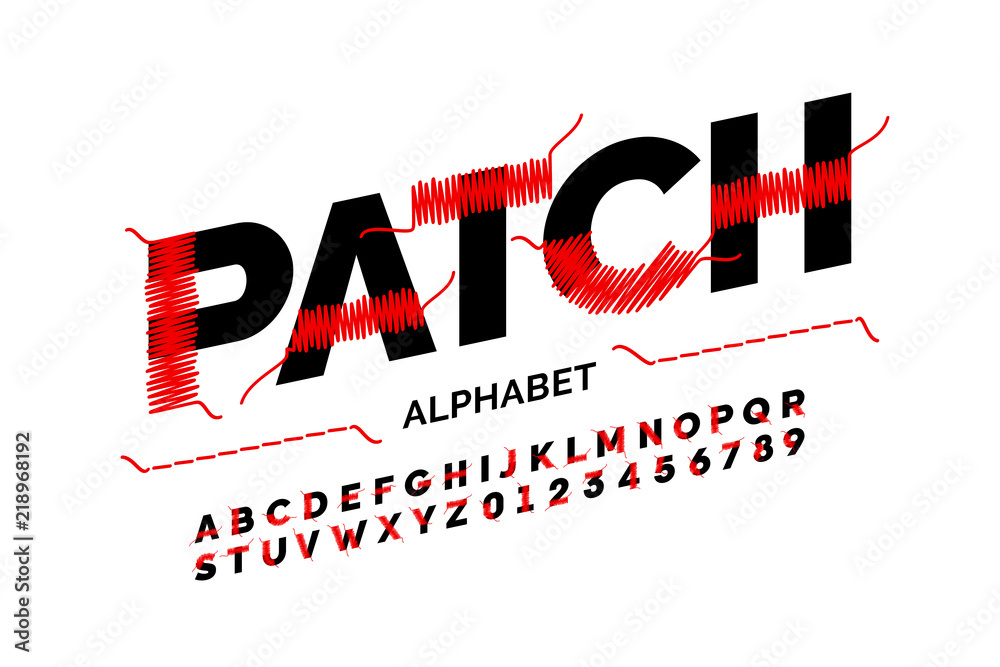 Patched font design stitched with thread, embroidery font alphabet letters and numbers