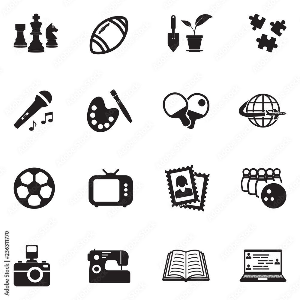 Hobbies Icons. Black Flat Design. Vector Illustration. 