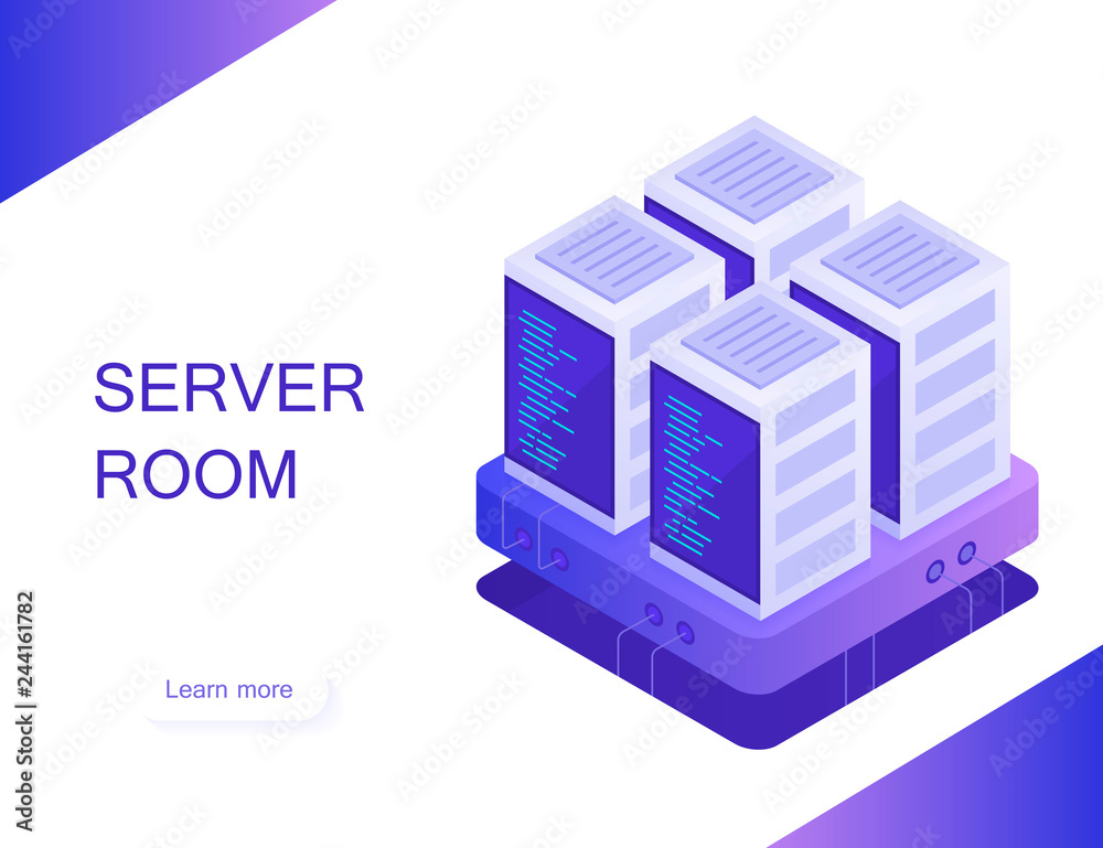 Concept of server room. Hosting with cloud data storage and server room. Server rack. Modern Vector illustration in Isometric style