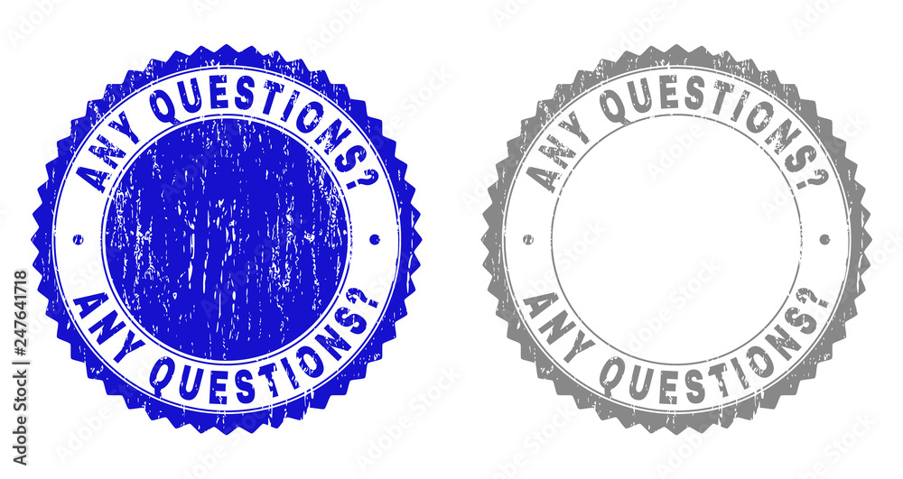 Grunge ANY QUESTIONS? stamp seals isolated on a white background. Rosette seals with grunge texture in blue and grey colors. Vector rubber overlay of ANY QUESTIONS? caption inside round rosette.