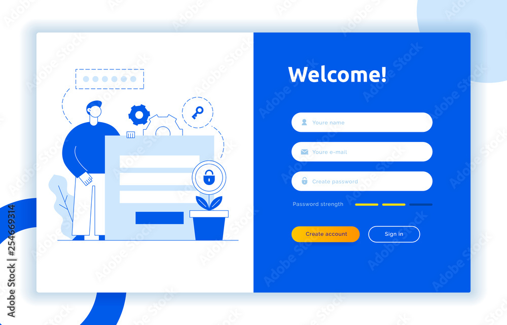 Login UI UX design concept and illustration with big modern people, privacy icons, inputs, forms. Vector website user interface sign in, sign up form template. Online web register.