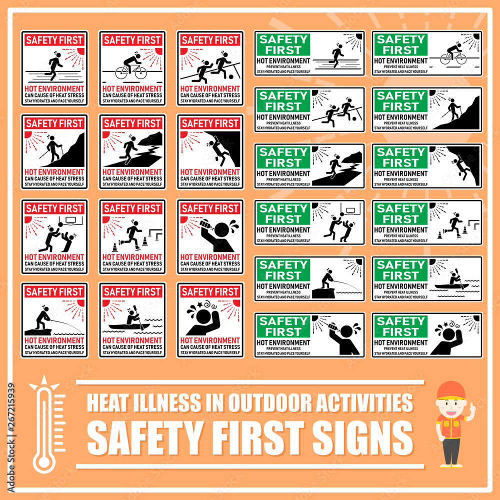 Set of safety signs and symbols of heat stress hazards in outdoor sport activities for warning and remind people to prevent themselves from heat illness. Heat stroke, Sun stroke, Hot weather.