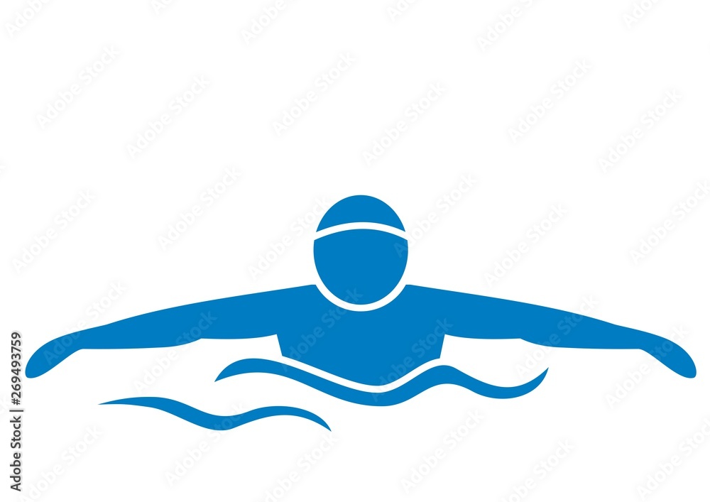 Swimmer, blue silhouette of man, vector icon. Concept for swimming activities.