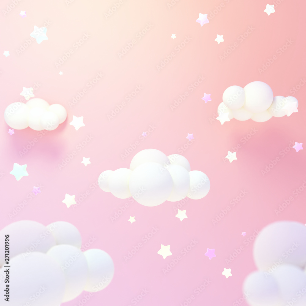 Cartoon pastel pink clouds and yellow stars at night. 3d rendering picture.