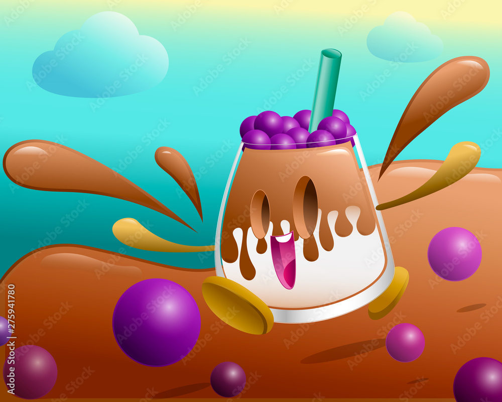 The cartoon character of purple sweet potato boba with thai tea is walking with happy face in wonderful dessert lan