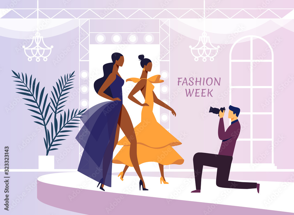 Apparel Model Photoshoot Flat Vector Illustration. Cameraman Ladies in Evening Gowns Cartoon Characters. Photographer Profession, Man with Camera Taking Photo. Women Fashion Show Shooting