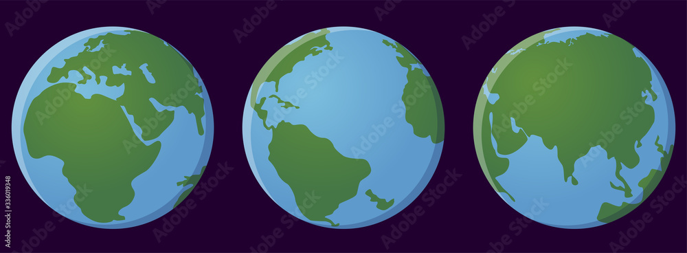 Vector illustration of the Earth planet, globe in differen positions with different continents on a purple background