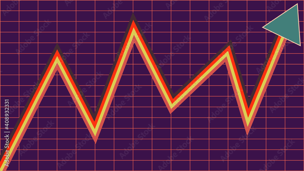 A retro colored upward trend arrow line chart.