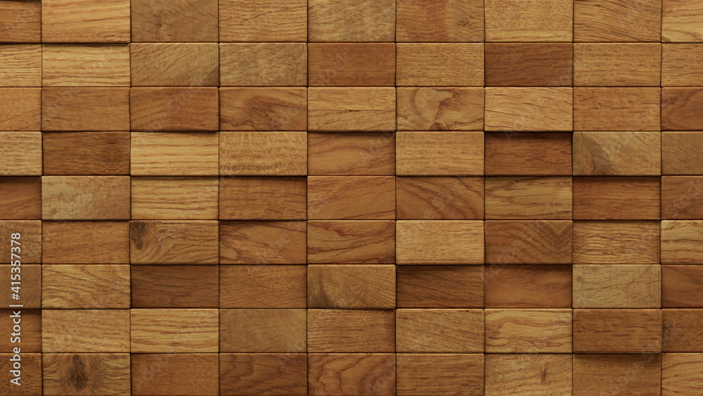 Wood Block Wall background. Mosaic Wallpaper with Light and Dark Timber Rectangle tile pattern. 3D Render 