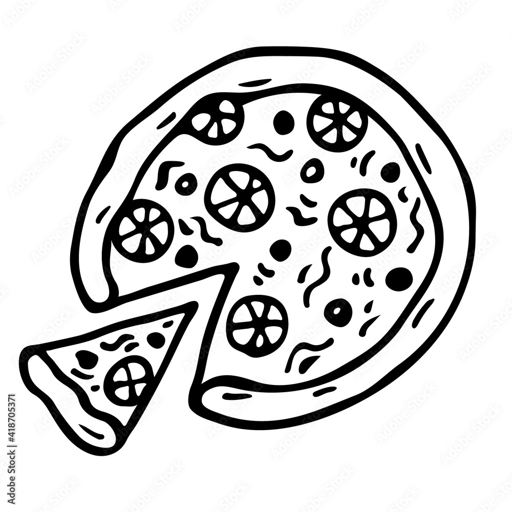 Hand drawn doodle pizza. Outline pizza slices, whole pizza sketch. Fast food pizza with tomatoes and olives. Vector simple doodle style. Black outlines isolated on a white background. 