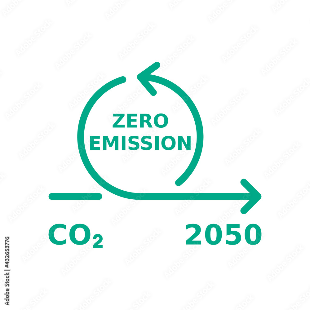 Zero emission by 2050. Carbon neutral concept. Crossroad CO2 pollution. Circle arrows show reduce in carbon dioxide emission. Environmental friendly industry. Vector illustration, linear, clip art