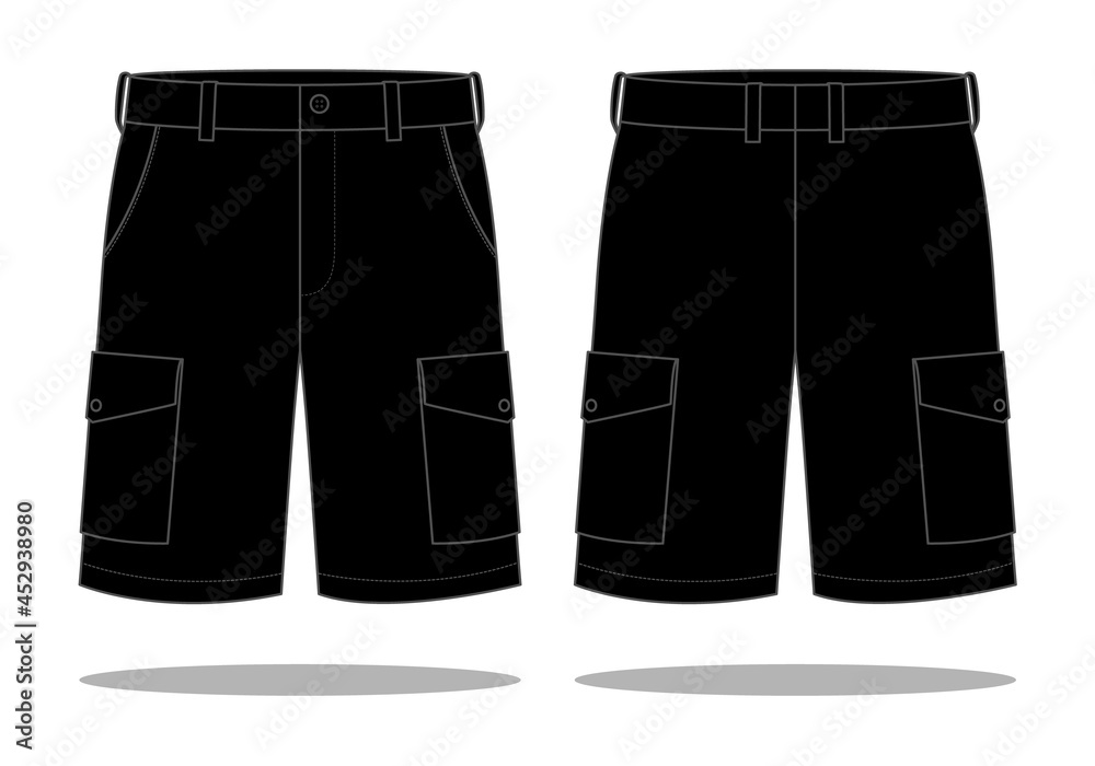 Black Cargo Short Pants Template Vector on White Background.Front and Back View.