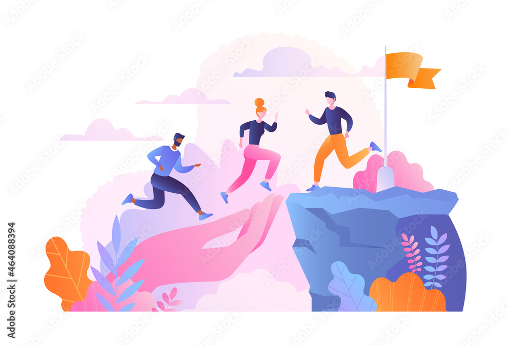 Helping colleagues concept. Teamwork, unity, path to common goal, business. Success, motivation. Boss hand helps employees reach top. Cartoon flat vector illustration isolated on white background