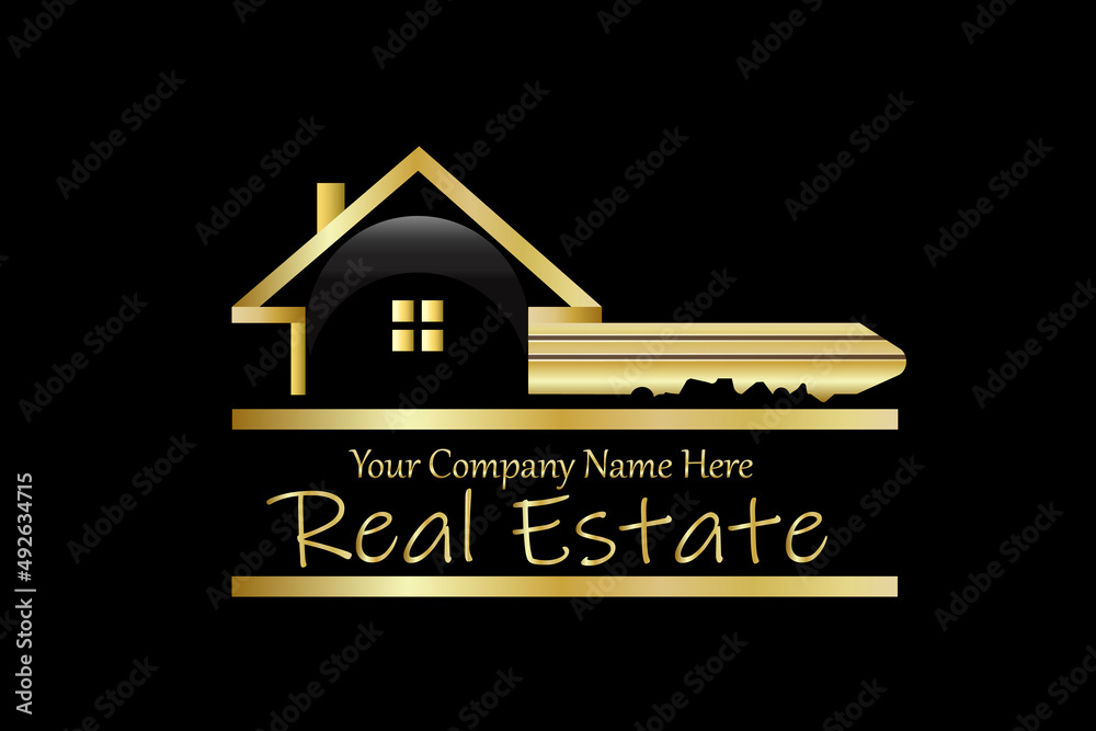 House Key Gold Logo Vector Real Estate Identity Business Card Vector Image Design on Black Background