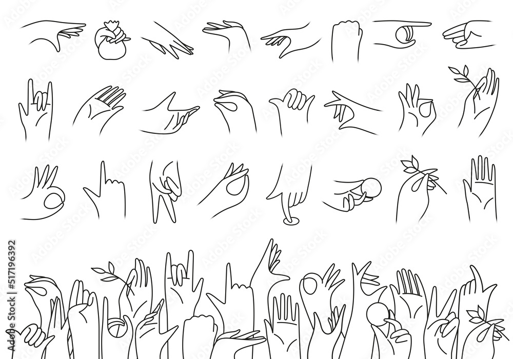 Applause hands set on doodle style. Human hands sketch, scribble arms wave clapping on white background, thumb up gesture silhouette, vector illustration