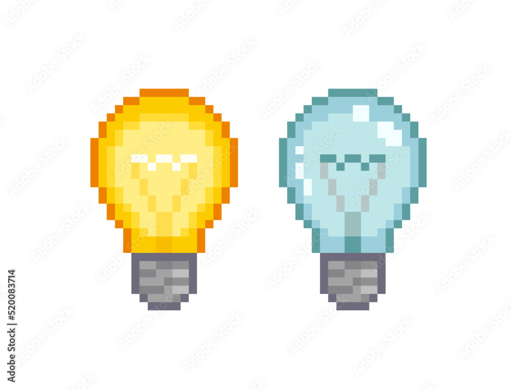 Pixel Art incandescent lamp isolated vector illustration. Pixel Light bulb. Pixilated 8-bit light bulbs set switch on, switch off icons