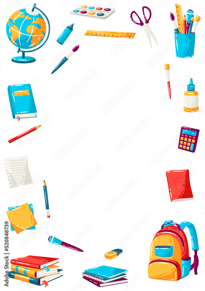 School frame with education items. Illustration of supplies and stationery.