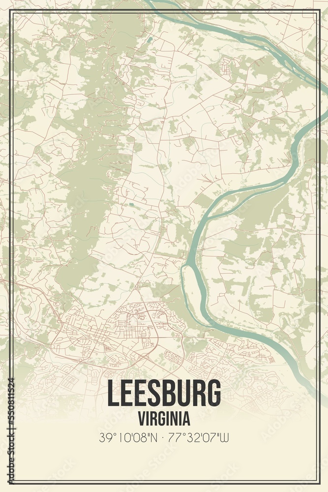 Retro US city map of Leesburg, Virginia. Vintage street map.