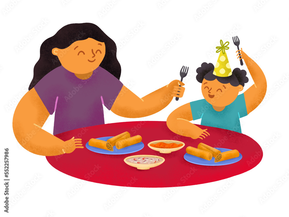 Filipino mother and daughter eating lumpia fried spring roll during a birthday