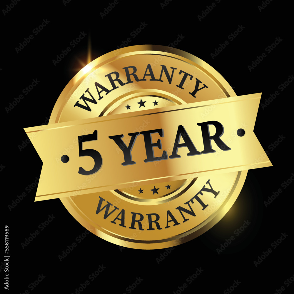 5 year warranty logo with golden shield and golden ribbon.Vector illustration.