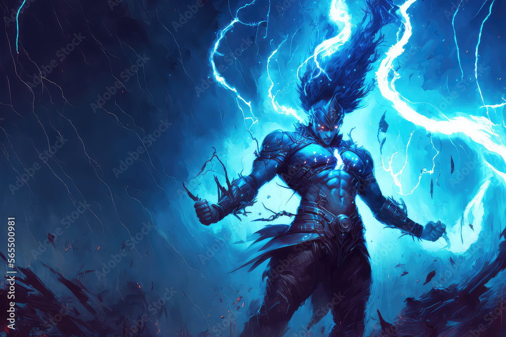 Digital illustration painting of the god of thunder Thor with smashing the army of demons into pieces, from his blow a trail of lightning and sparks was created. (ai generated)