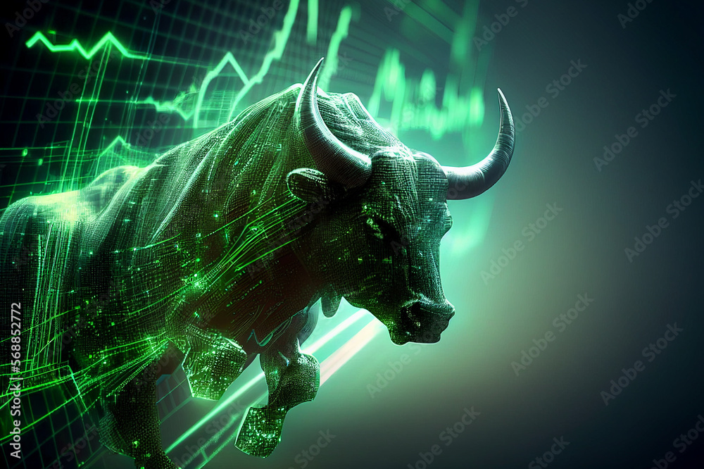 Stock market bull market trading Up trend of graph green background rising price Generative AI.