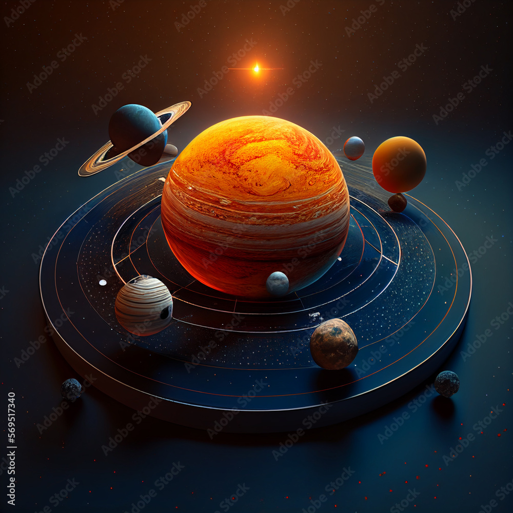 3d model of the rotation of the planets around the sun, close-up, space, solar system device 