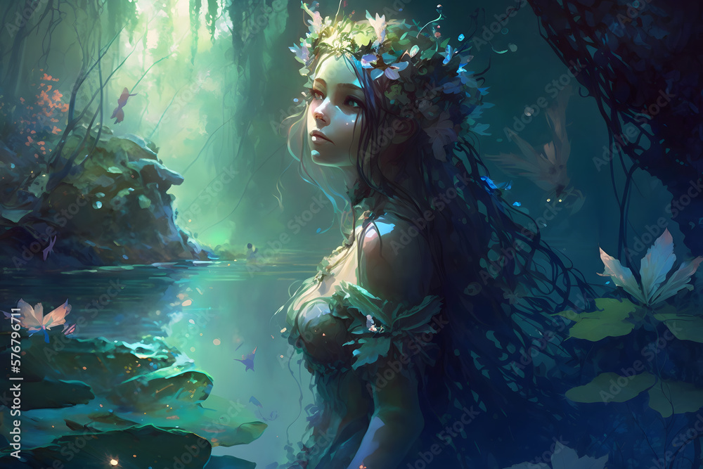 Beautiful young fairytale nymph girl in natural dress in sacred river with water lilies and trees. Fairytale story about ophelia. Neural network AI generated art