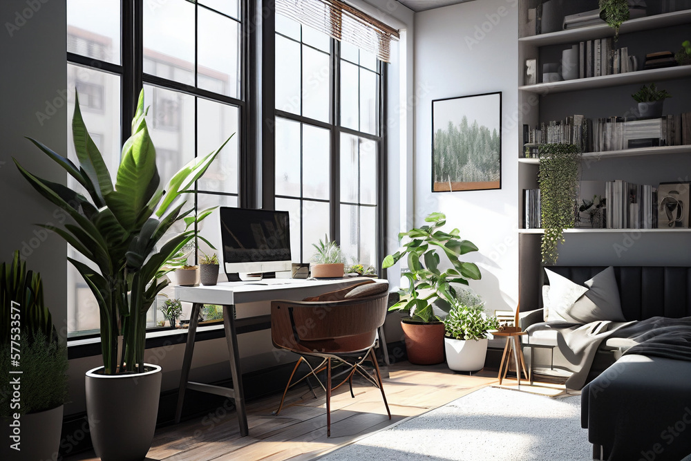 Study Room Interior with large windows,  natural light and modern furniture. Created with generative AI


