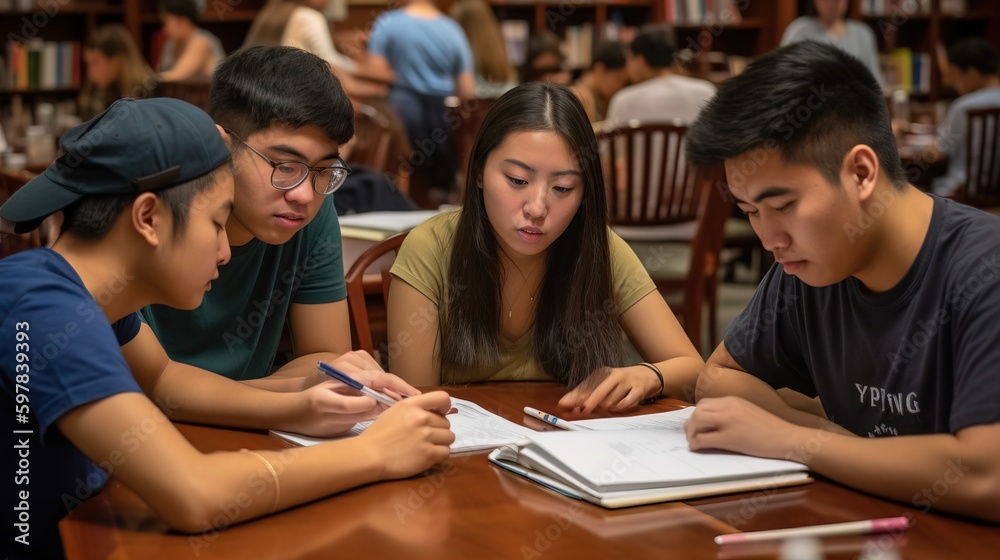 An inspiring photo of a diverse group of medical students collaborating and studying together in a university library. Generative AI