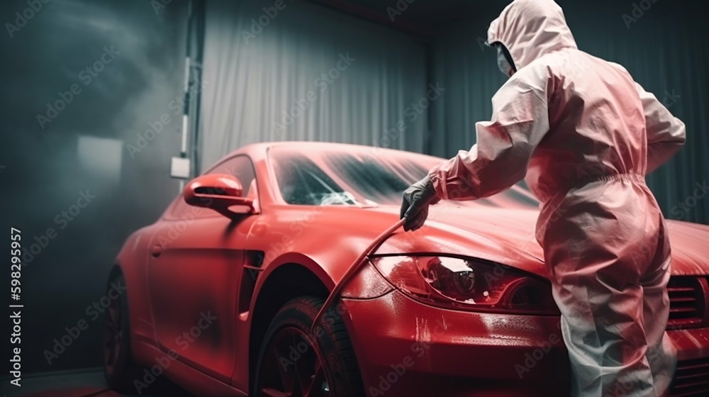 Person Spray Painting Car in Red Color in Special White Painting Box, Wearing Protective Gear. Generative ai