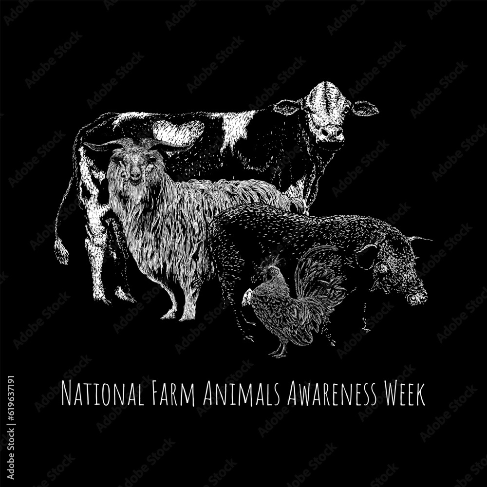 National Farm Animals Awareness Week hand drawing vector isolated on black background.