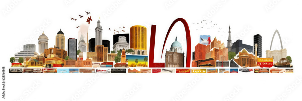 St Louis city panorama, urban landscape. Business travel and travelling of landmarks. Illustration, web background. Buildings silhouette. United States - Generative AI