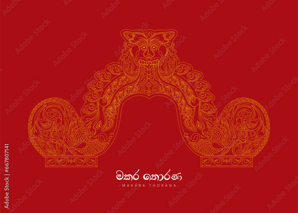 Sri Lankan Traditional Art, Temple Art, Makara Thorana Design.
Makara Thorana is a unique and significant design element in Sri Lankan Buddhist temple architecture and art. Vector illustration.