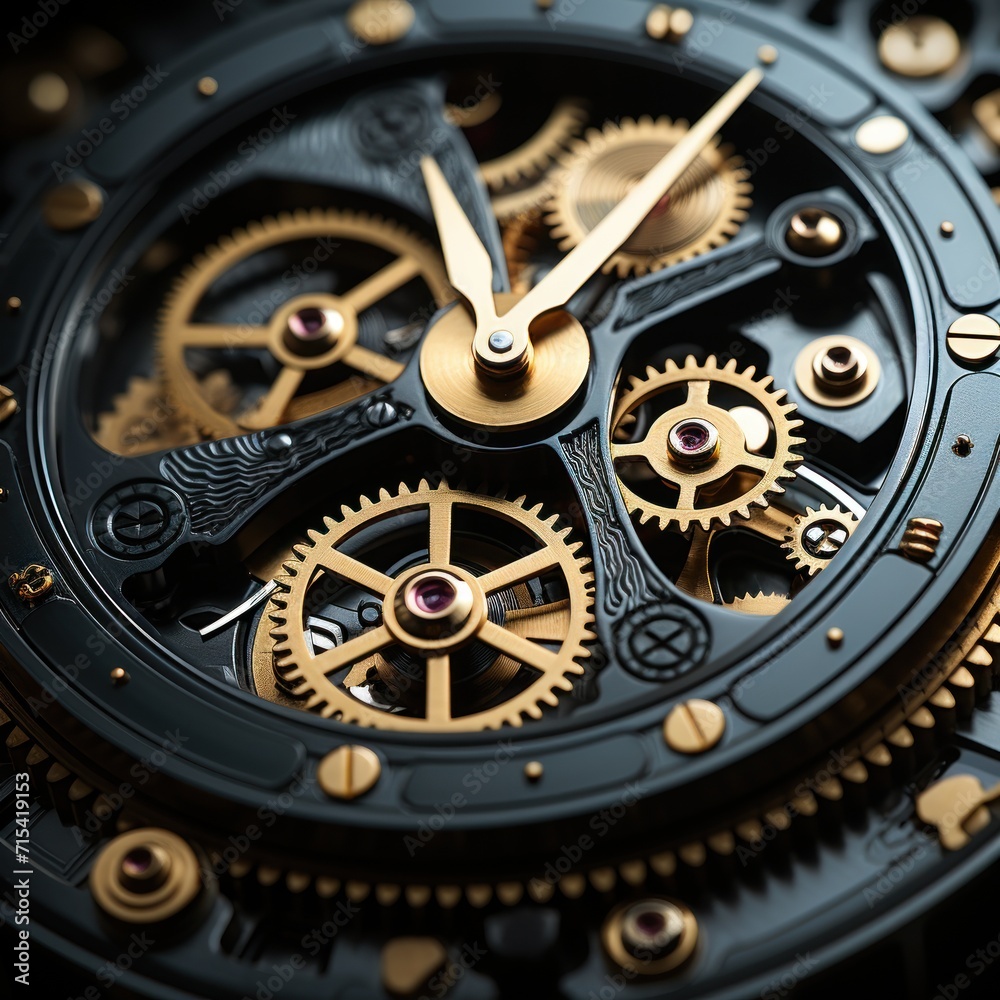  a close up of a watch face with a black and gold clock face and gears on the face of the watch.