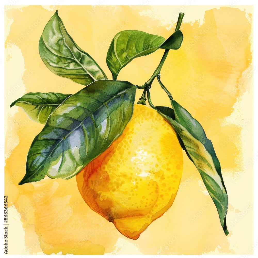 Lemon watercolor clipart illustration with yellow background