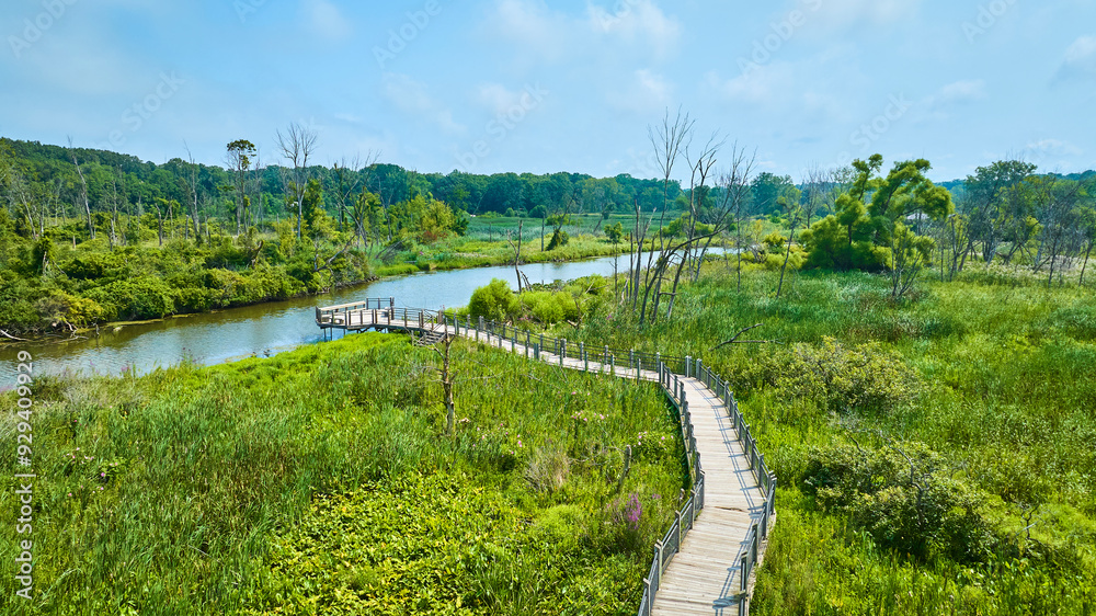 Aerial View of Serene Wetland Boardwalk at Galien River County Park