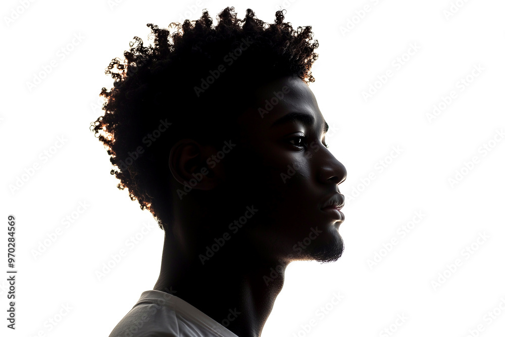 Dark silhouette of young african american man on white background, side view.