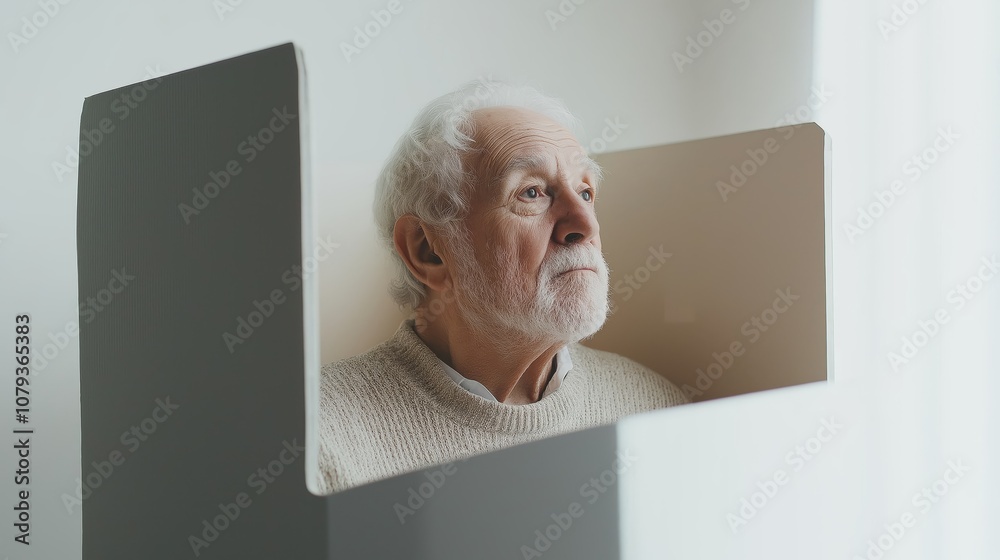 An elderly person thoughtfully gazes upward while standing inside a voting booth