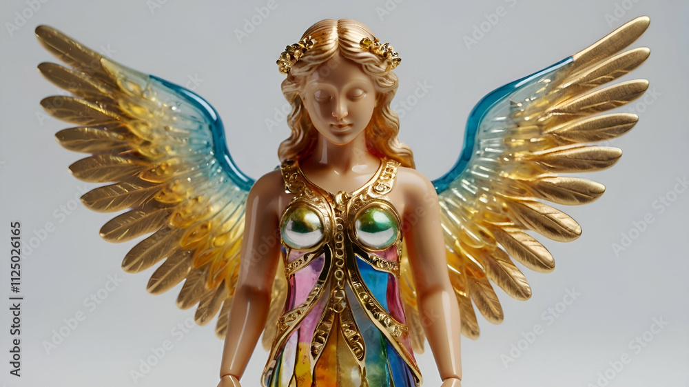 Colorful angel figurine with wings and golden accents, transparent or gray isolate background,