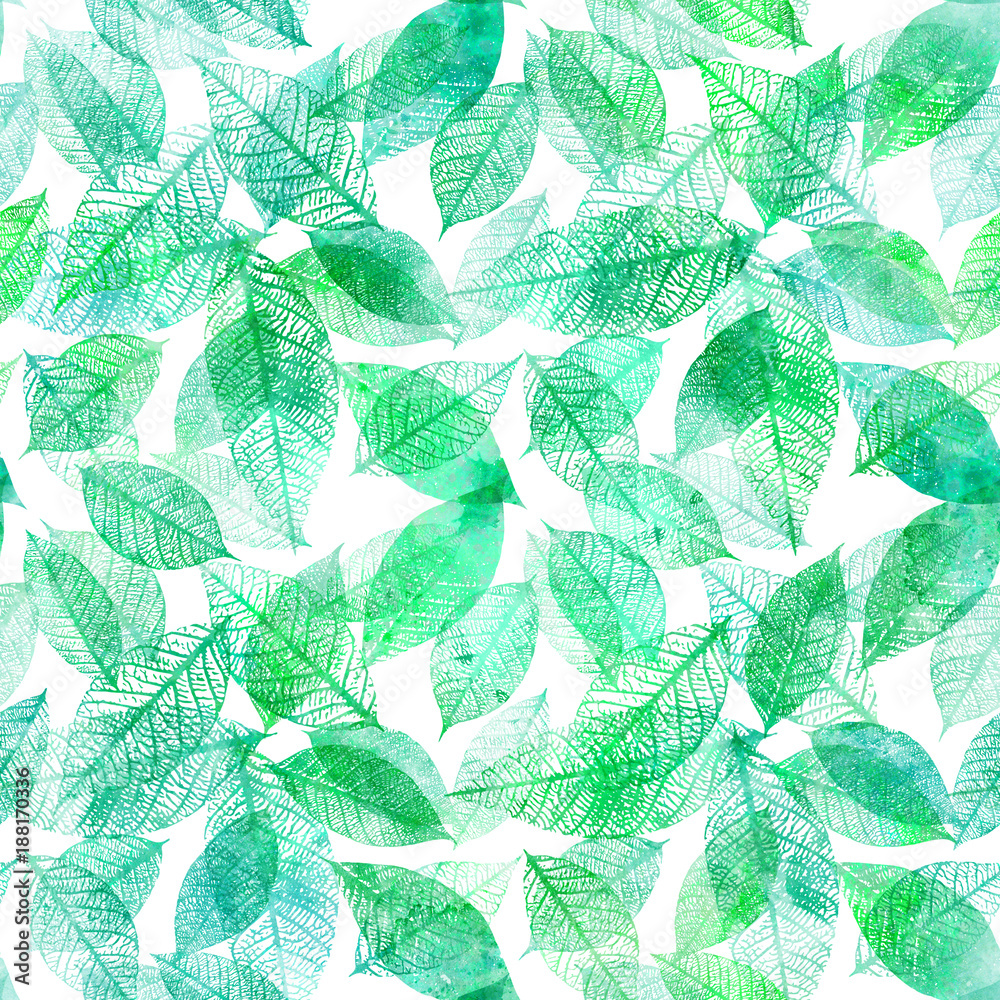 Seamless background pattern of teal and green toned watercolor leaves ...