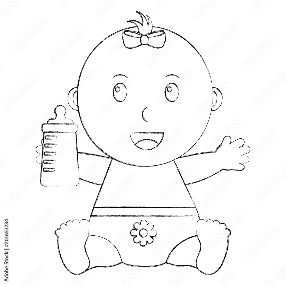 cute little baby girl sitting holding bottle milk vector illustration ...