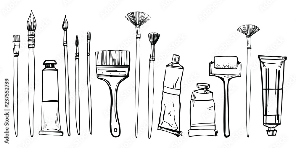 Artist painting materials. Hand drawn stylized sketch vector ...