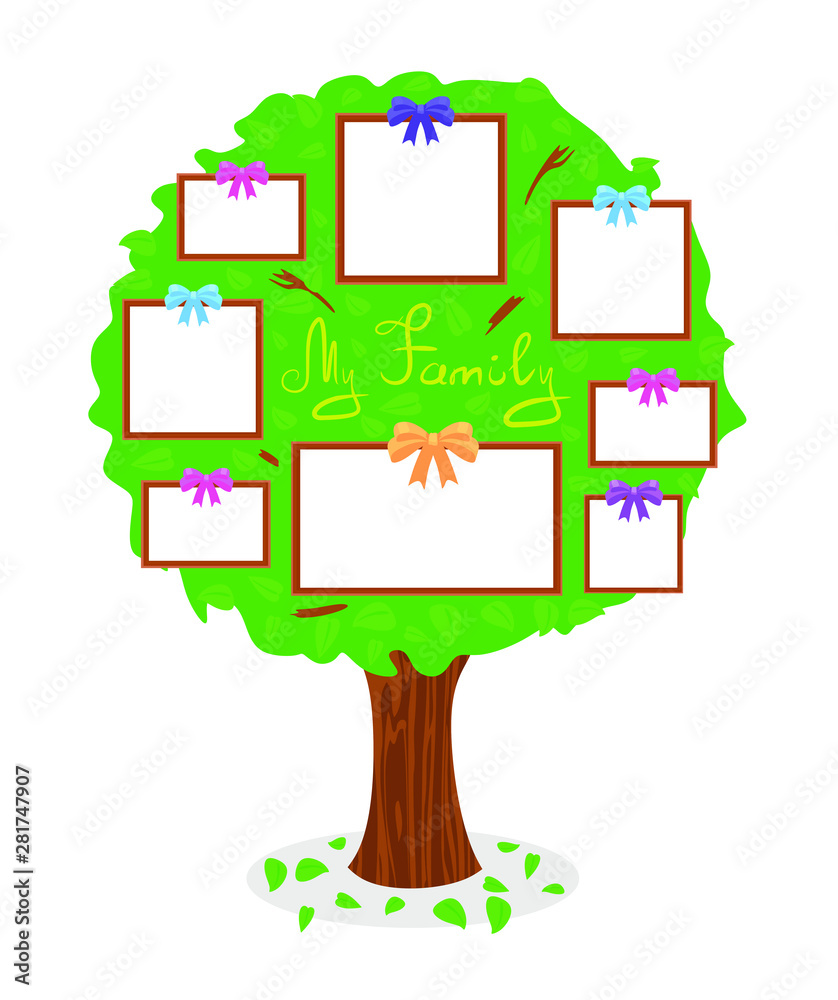 Green family tree with frames for pictures. My family card template ...