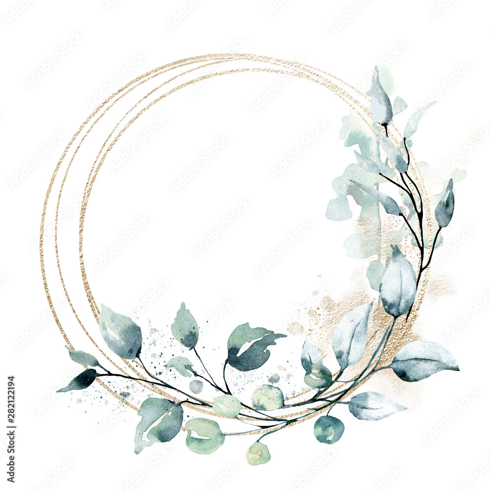 Leaves gold frame wreath border. Watercolor hand painting floral ...