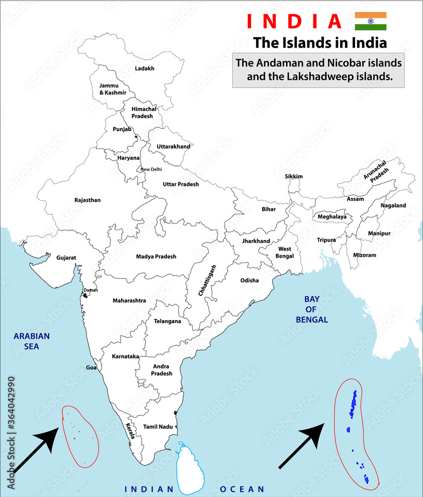 Islands in India map. Political Map of India. Black and white Outline ...