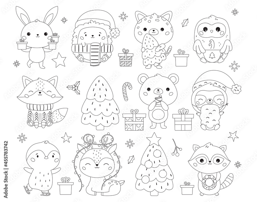 Christmas and New Year set with cute animals, gifts and sweets ...