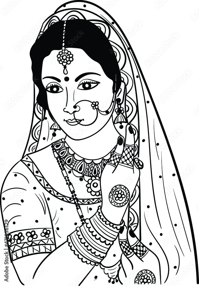 Vettoriale Stock Indian bride black and white line drawing clip art ...