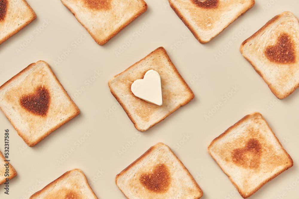 Toasts with burnt and butter hearts Stock Photo | Adobe Stock