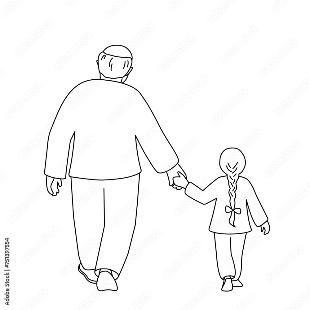 Grandfather and granddaughter walk holding hands. Back view. Vector ...